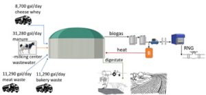 This flow diagram illustrates one scenario developed by the Cornell PRO-DAIRY Dairy Environment Systems program for its NNYADP-funded case study of the economic feasibility of co-digestion of dairy manure and food waste on a northern New York dairy farm. RNG is renewable natural gas. Graphic courtesy of Cornell PRO-DAIRY.